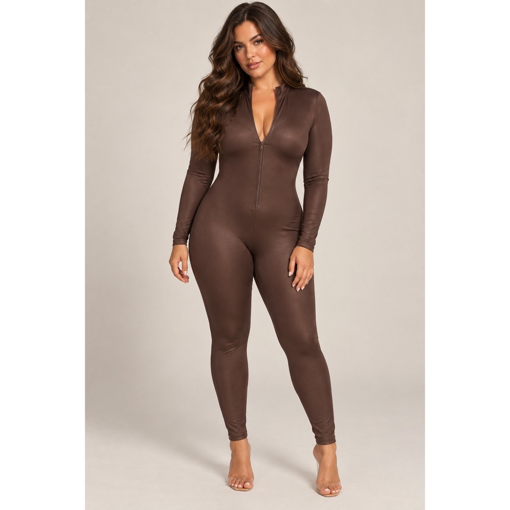 SKIMS All-In-One Shine Jumpsuit Mock Neck Long Sleeves Cocoa 2X